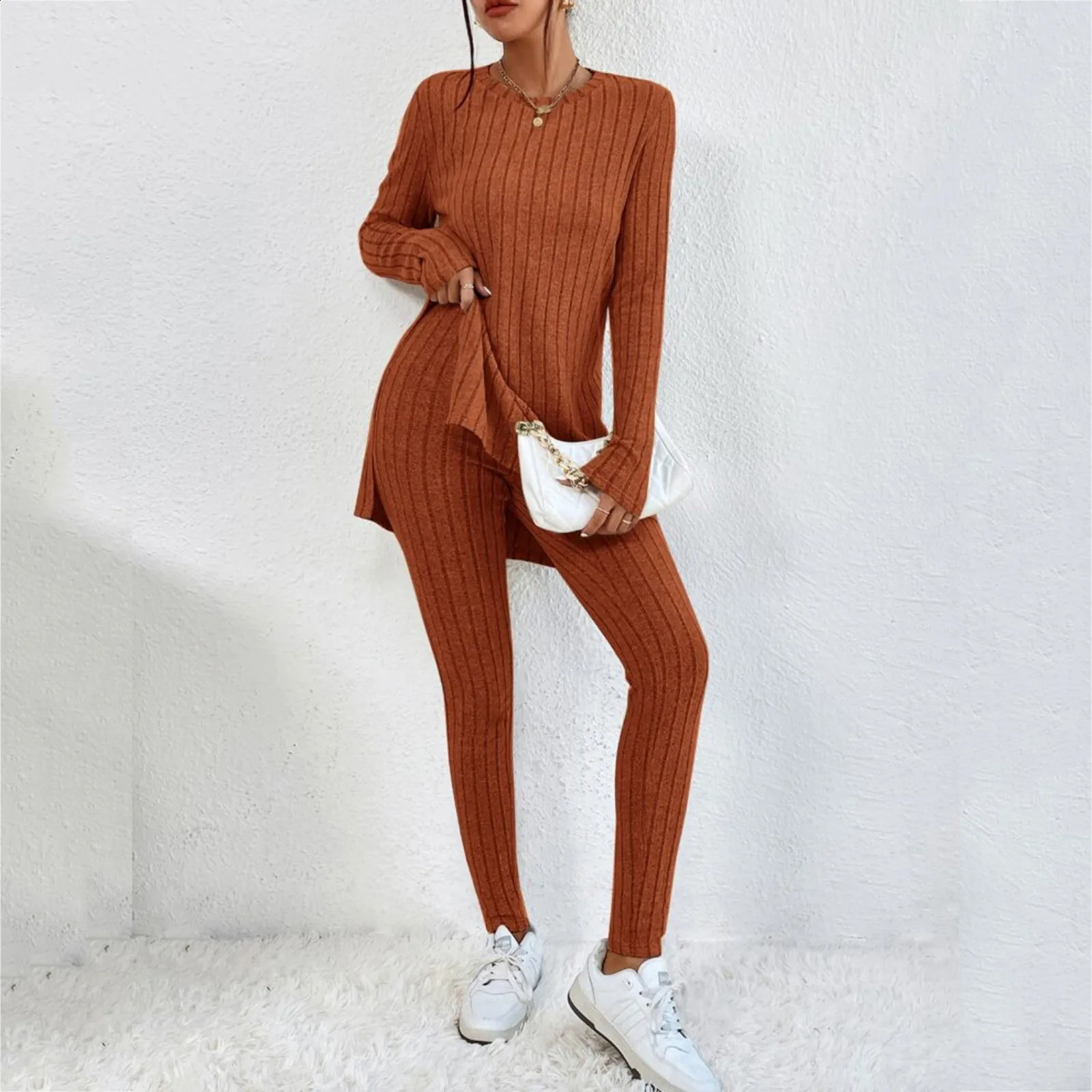 Casual Two Piece Set Women Outfits 2024 AutumnWinter Fashion Solid Knitted Long Sleeve Sweater Loose Pants Suit Elegant 240813