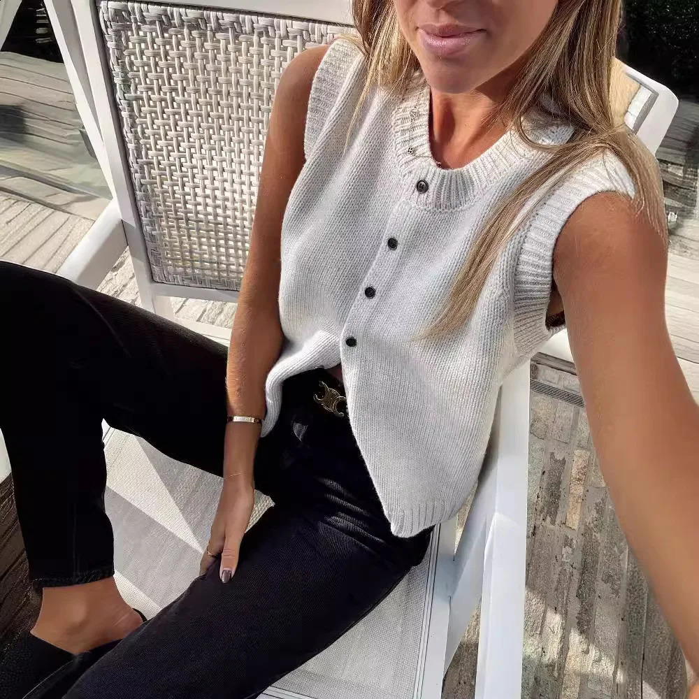 Summer Knitted Cardigans Women Elegant Fashion Button Sleeveless Tops Solid Basic Casual Loose Vacation Holiday Vests Gray 240813