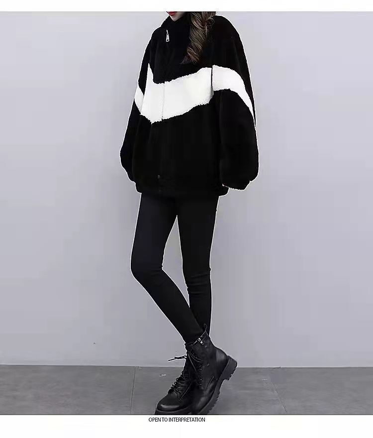 Short Imitation Lamb Wool New Winter Season With Plush Thick Oversized Loose Color Blocked Coat For Women Trend 04913