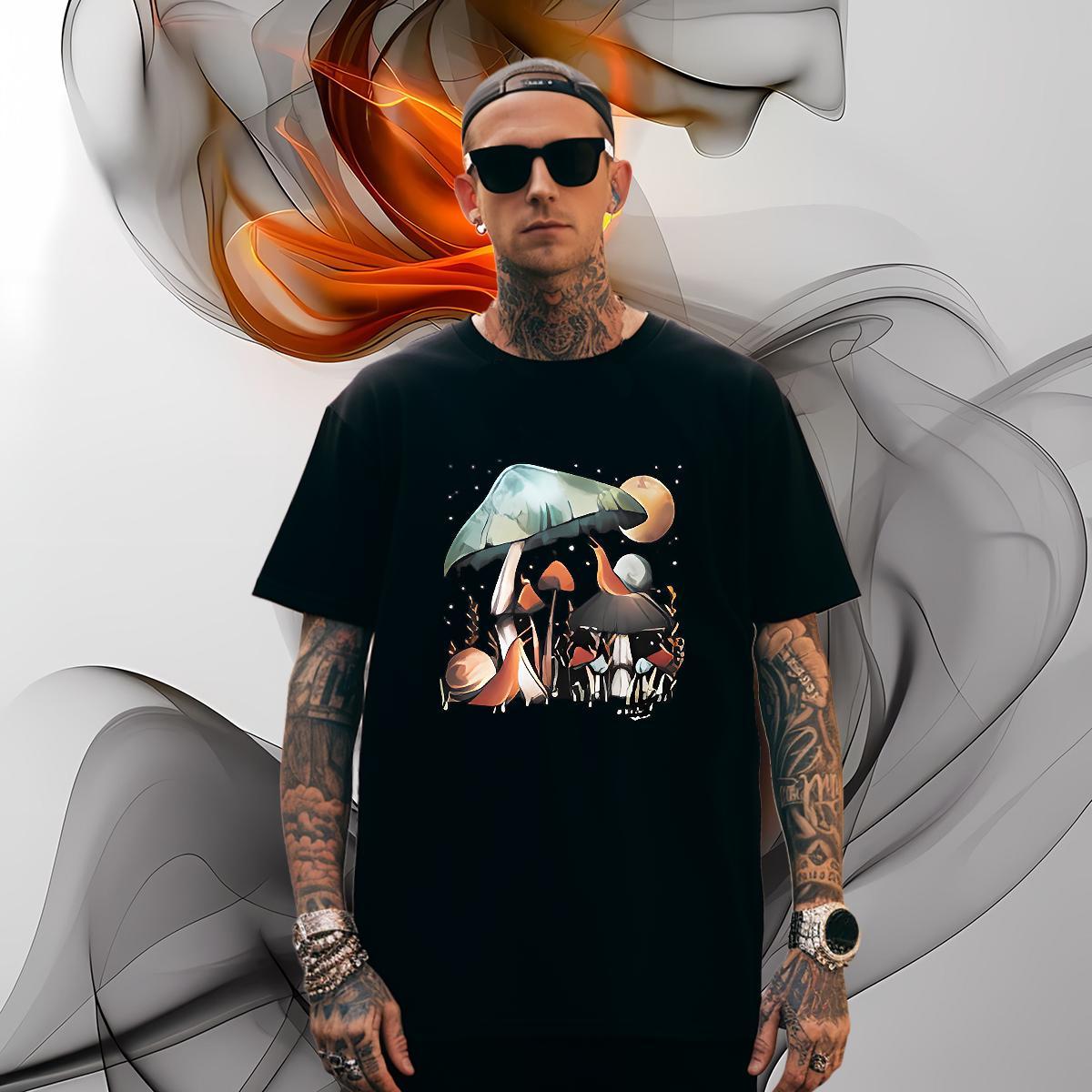 Cool Design mushroom T Shirts Men Street Casual Men Tees 230g Cotton Factory Direct Pure Cotton Black Oversized Clothes