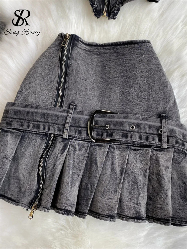 SINGREINY sweet Ins Streetwear Deinm Sets Women Strapless Sleeveless Zipper Bodycon TopHigh Waist Pleated Short Skirt Suits 240812