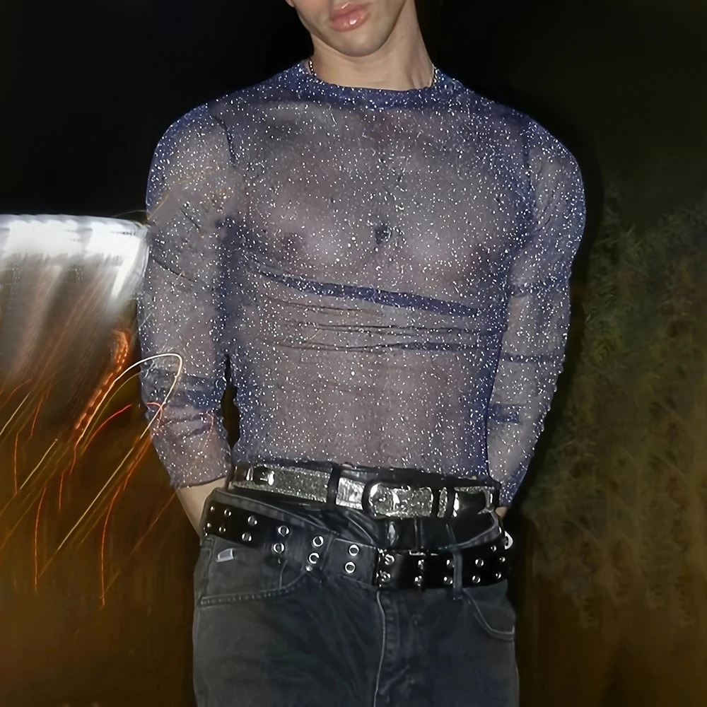 Mens See-Through Shiny Sexy Casual T-Shirt Autumn Genderless Fashion Tight Stretch Nightclub Thin Long-Sleeved Top Unisex 240812