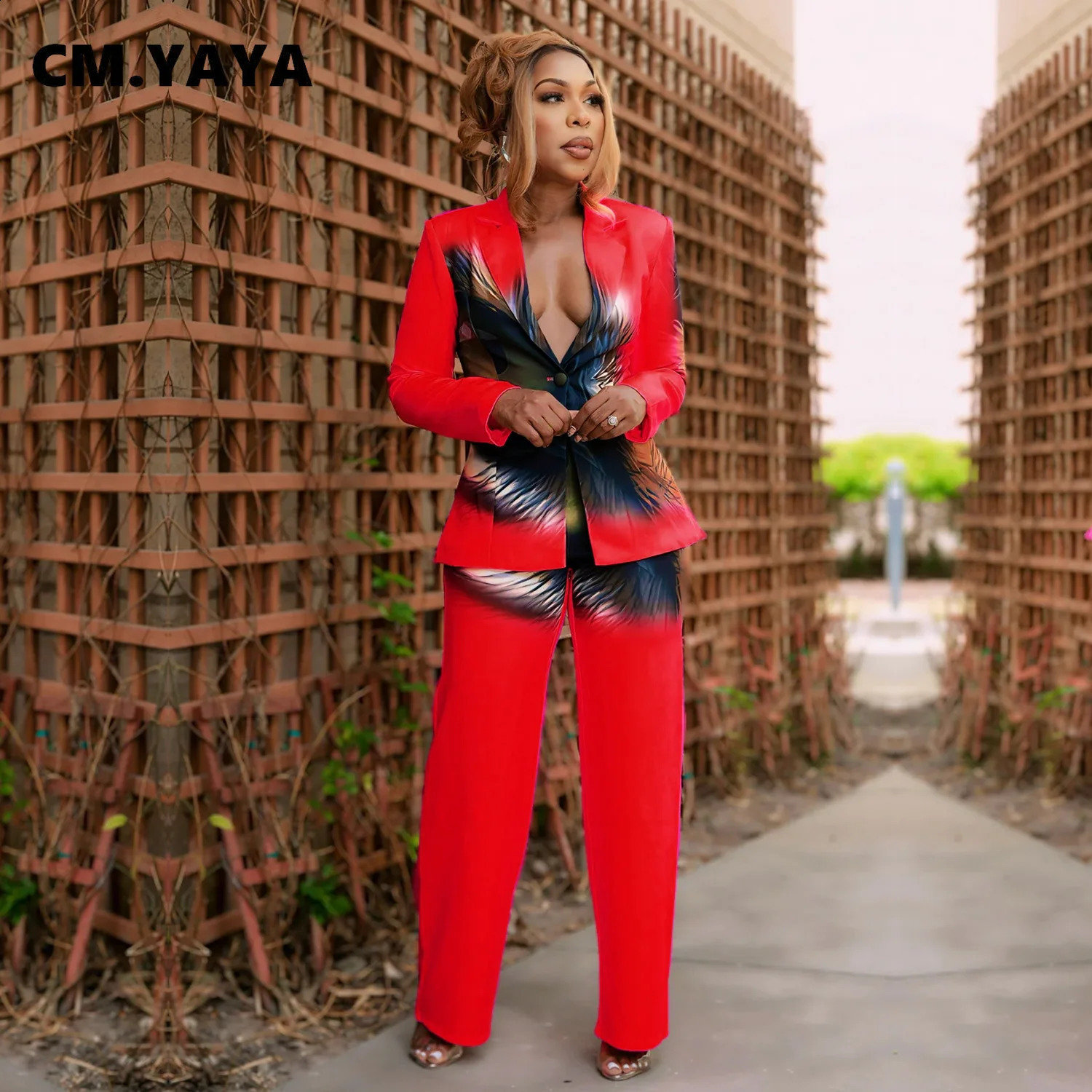 CM YAYA Elegant Full Set Printed Sports JacketWide Leg Pants Two Piece Womens Classic OL Street Clothing Song 240812