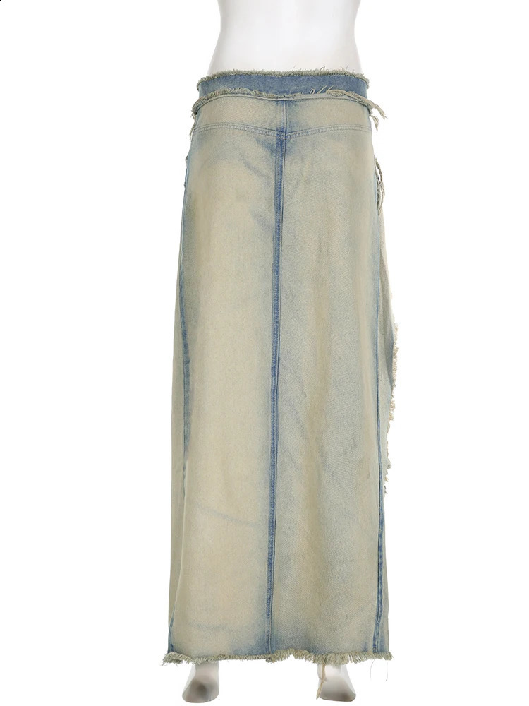 IAMSURE Vintage Casual Slim Split Denim Skirt Sexy Low-Waisted Maxi Skirts Women Autumn Spring Streetwear Holiday Ladies 240812