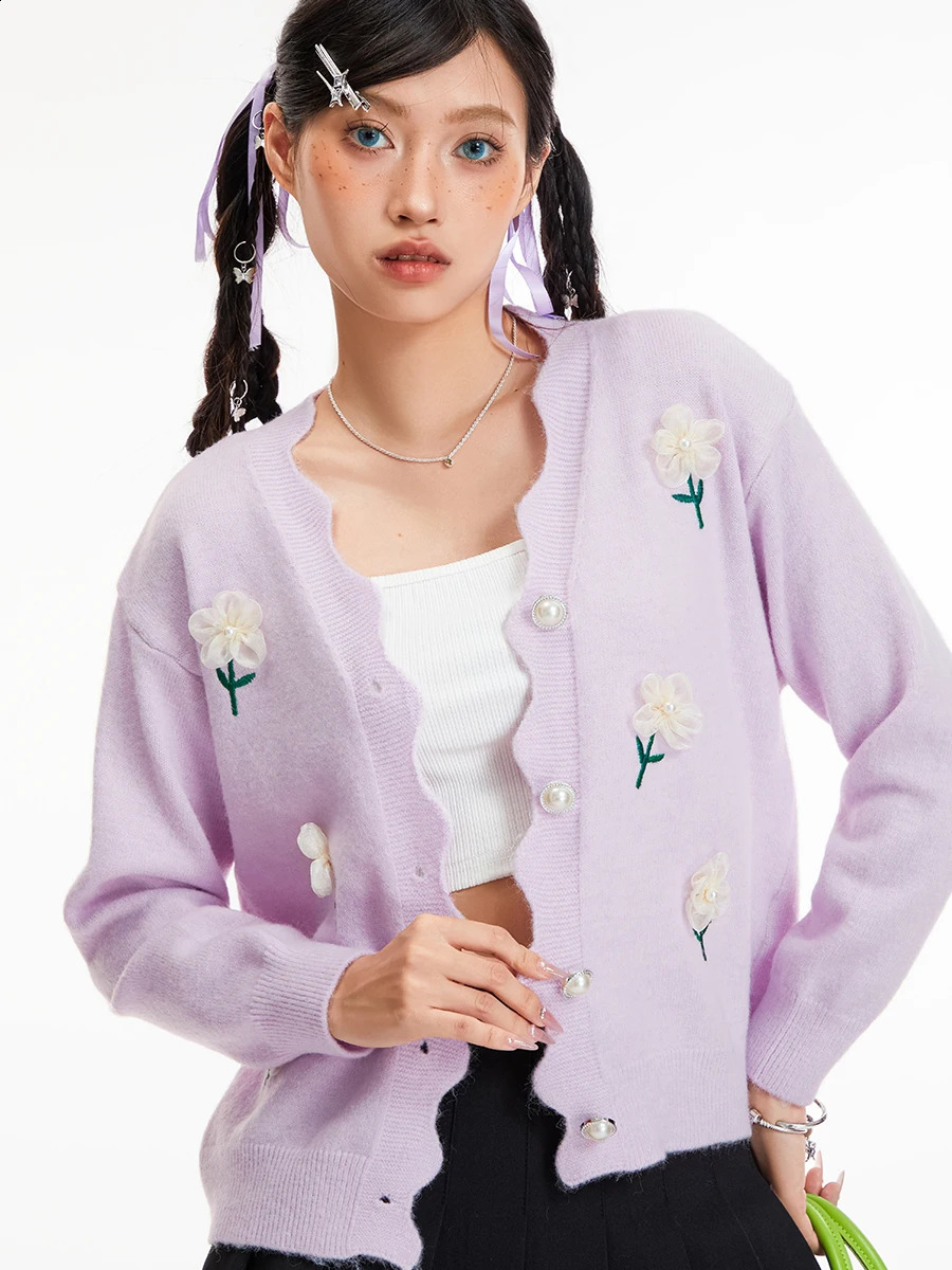 wsevypo Sweet Fairy Flower Decor Knit Cardigans Womens Preppy Style Long Sleeve V Neck Button down Loose Sweaters Outwear 240812