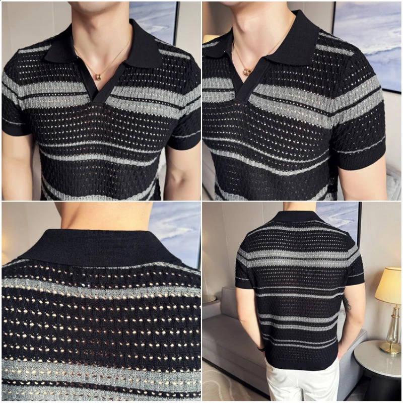 Mens slim fit Polo shirt jacquard knit short sleeve shirt T-shirt V-neck color-blocked Polo shirt 2024 high quality M-3XL. 240813