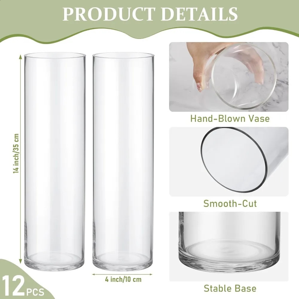12 Pack 4 x 14 Inch Glass Clear Cylinder Flower Vases Set Floating Candle Holders for Centerpiece Table Home Wedding Decorations 240812