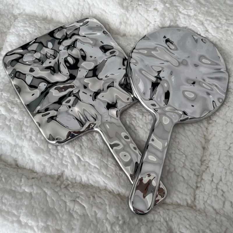 Electroplated Handle Makeup Mirrors HD Beauty Portable Round Hand Square Hand Small Make Up Mirror DropshipingXJ240813