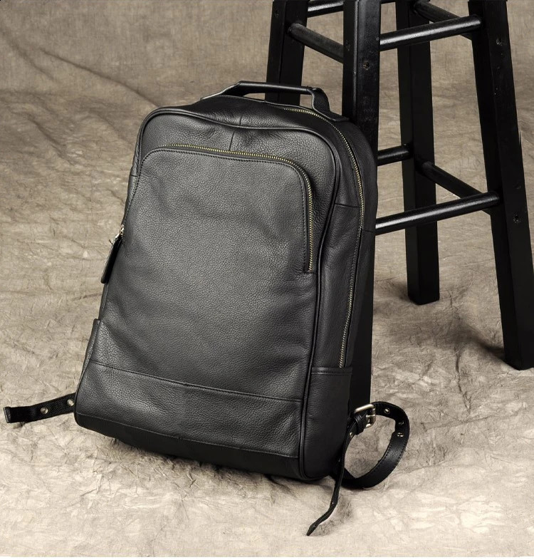 High quality fashionable leather backpack mens student daily Rucksack big Knapsack black 240813