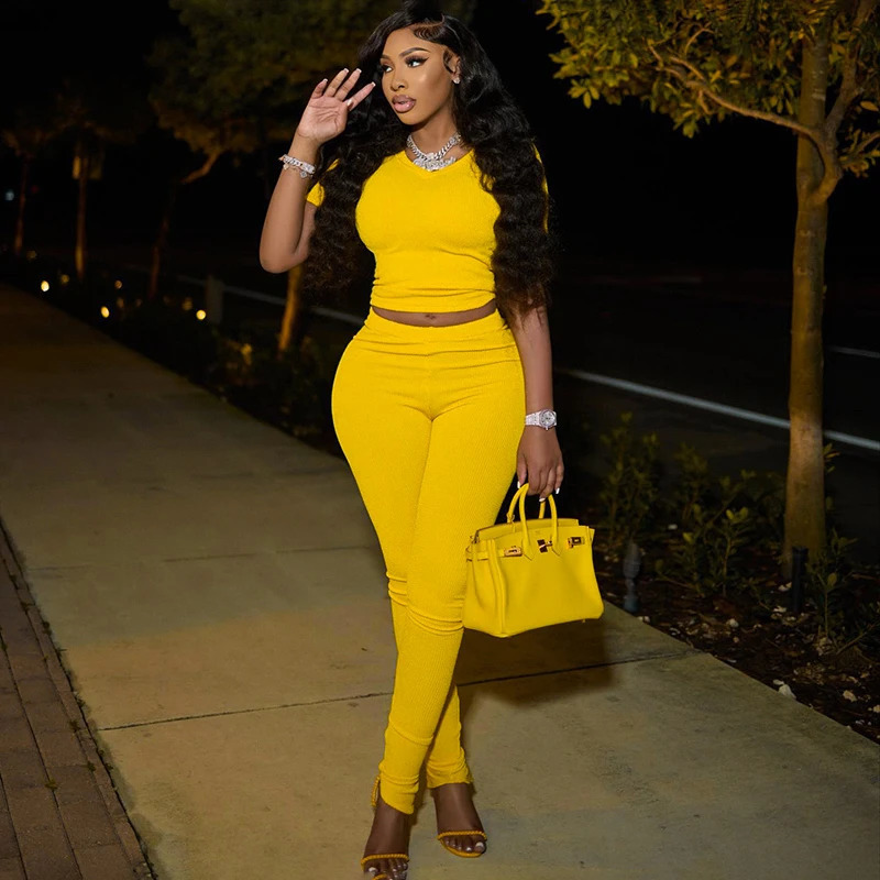 CUTENOVA Ribbed Sloid Color Two Piece Set V Neck Top And Pants Sets Comfy Summer Clothes For Women 2024 Casual Brunch Outfit 240813