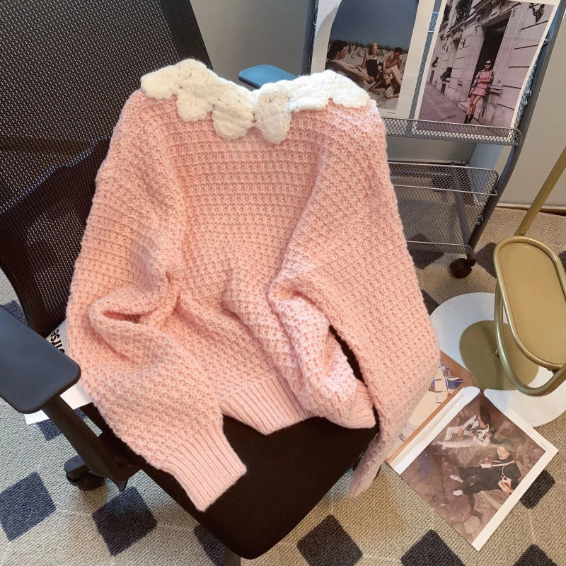 Japanese Sweet Pullovers Peter Pan Collar Contrast Color Lace Up Autumn Knit Sweaters for Women Preppy Style All Match Clothing 240812