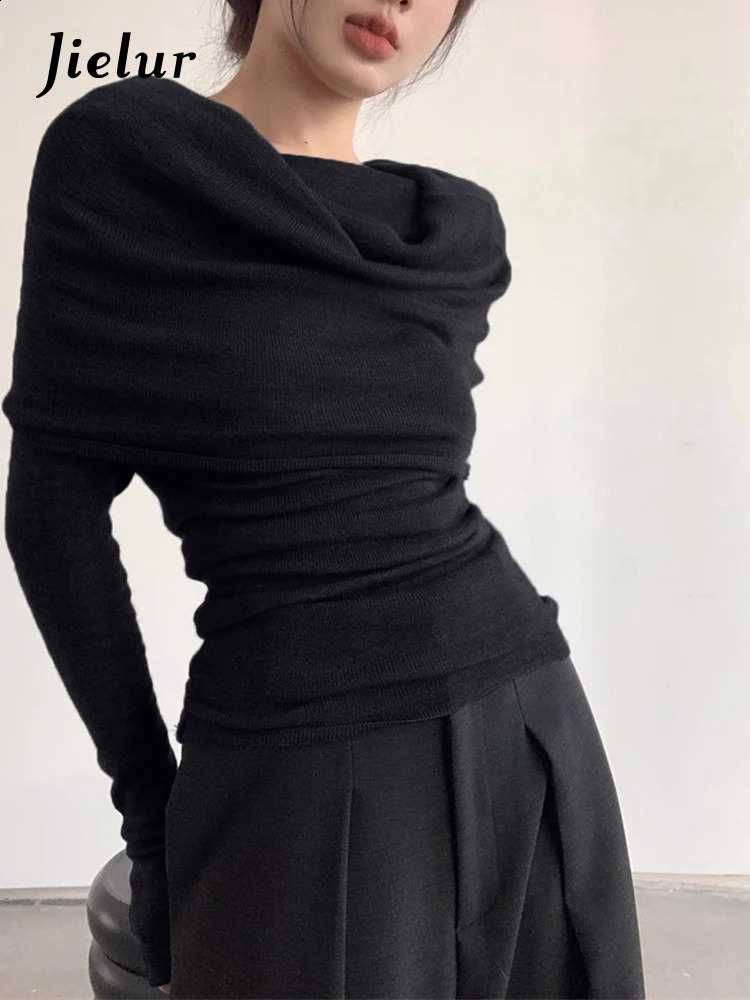 Jielur Autumn Solid Color Slim Women Pullovers Casual Loose Sexy Sweet Pullovers Woman Dark Grey White Black Pink Knitted Top 240813