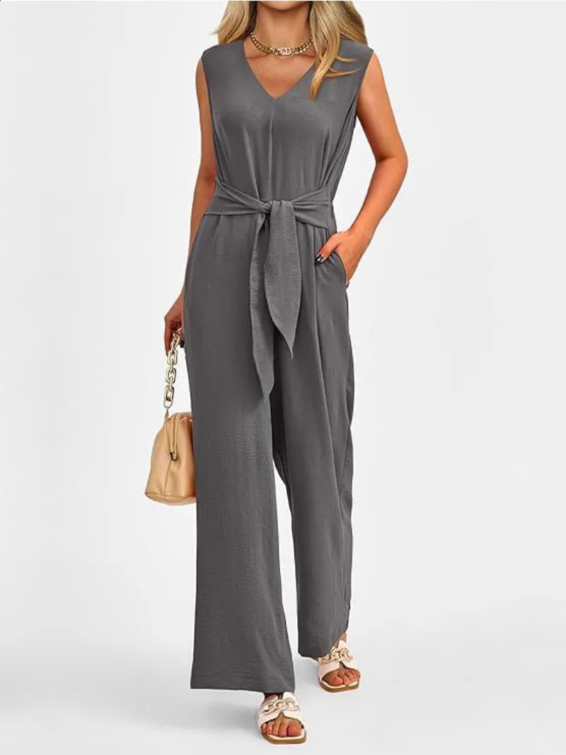 Womens Fashionable and Elegant Style Solid Color Womens Clothing Elegant V-neck Wide Leg Jumpsuit Sleeveless Jumpsuit 240813