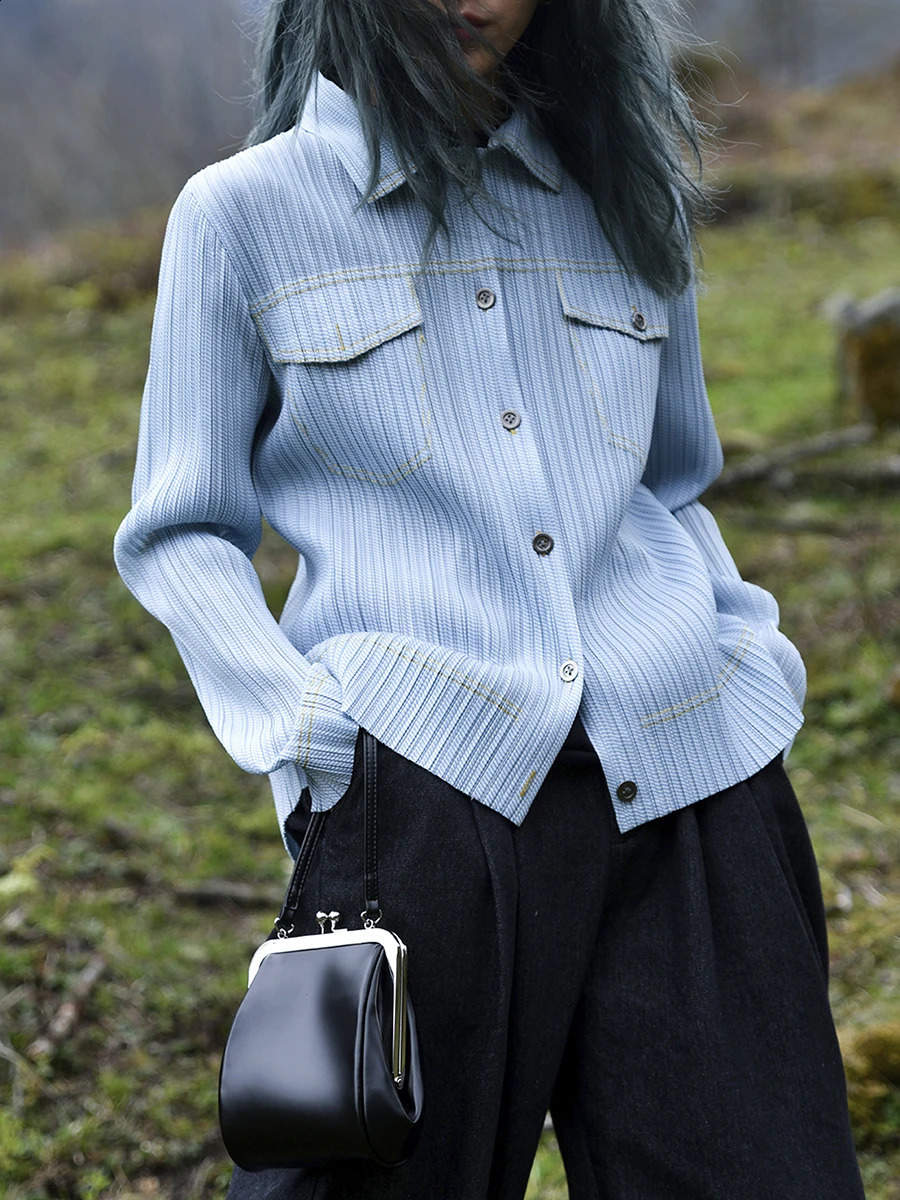 Miyake Pleated Denim Printed Shirt Long Sleeve Women Cardigan Single Breasted Casual Jacket Pocket Coat Top 240812