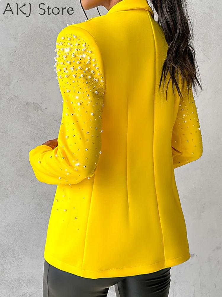 Women Elegant Long Sleeve Beaded Work Blazer Coat 240813
