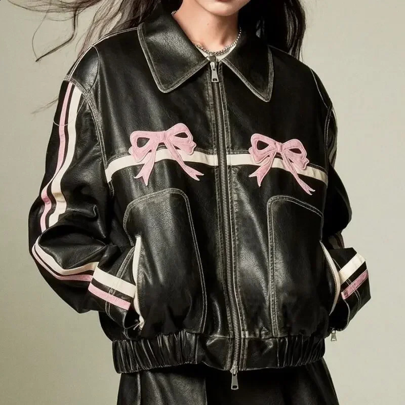 Autumn Winter Faux Leather Jacket Women Fashion Vintage V Neck Female Pu Coat 2024 Elegant High Street Casual Ladies Outwear 240813