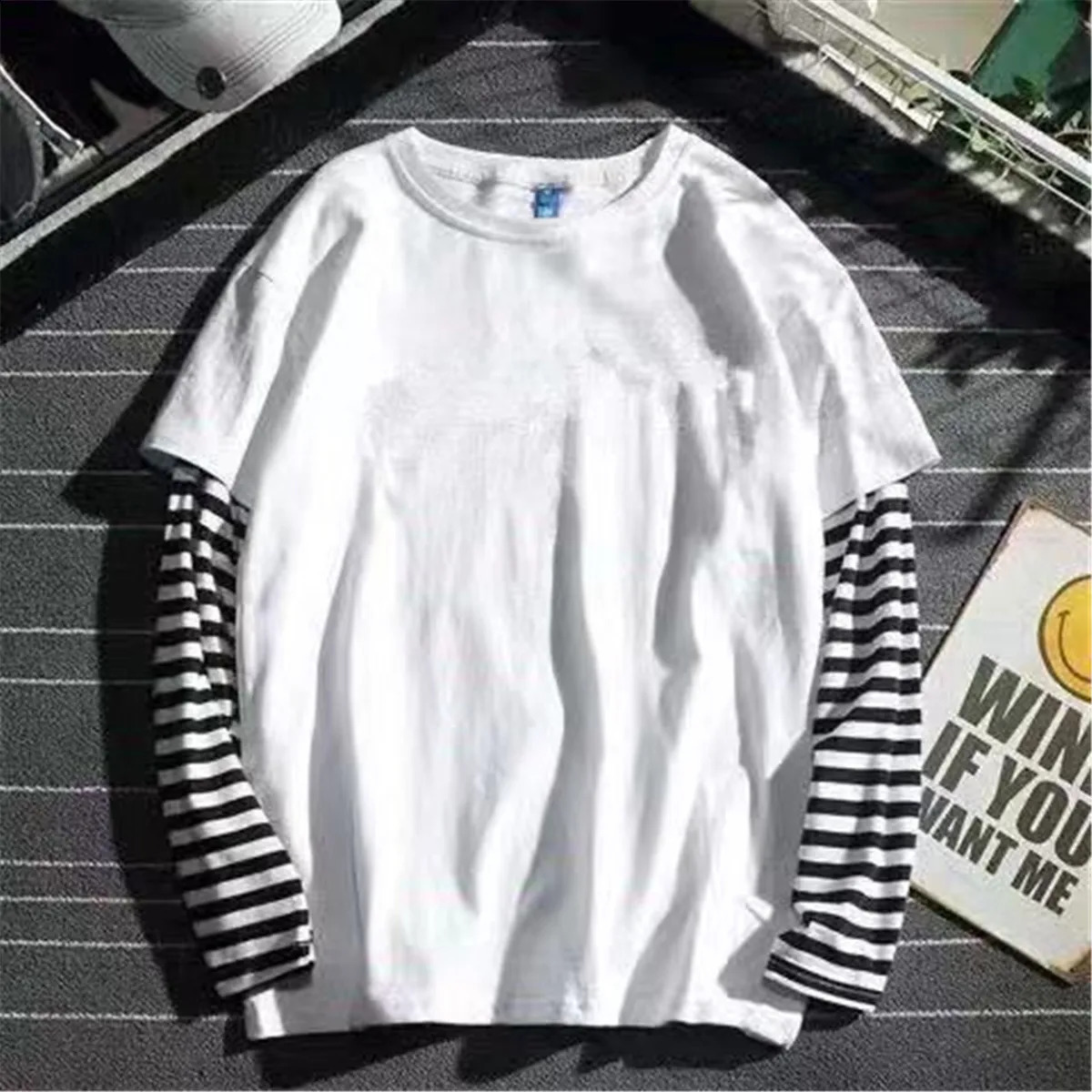 Cool Striped Patchwork T-Shirt Men Autumn Oversize Tops Boys Solid Long Sleeve T Shirt Fashion Japanese Gothic Japan T Shirt 240812