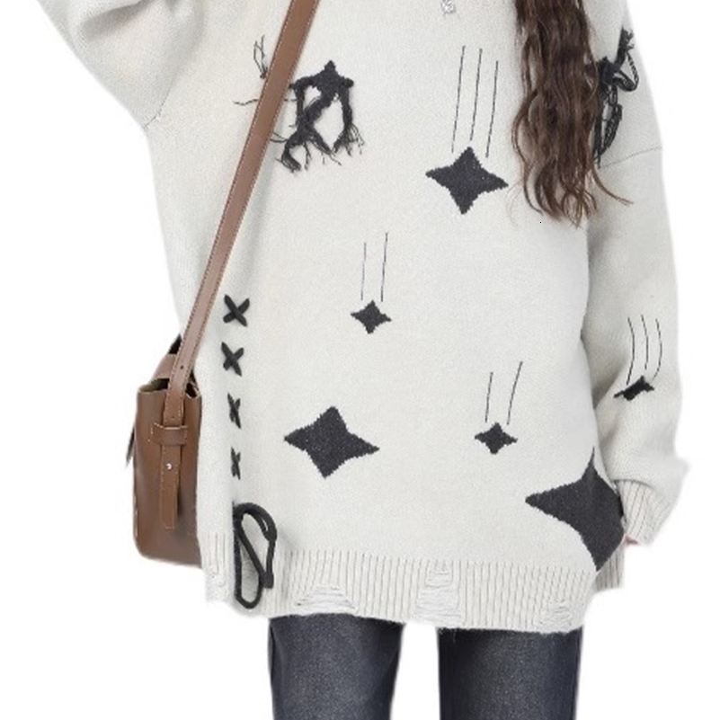Womens Apricot Pullover Knitted Star Sweater Harajuku Aesthetic Y2k Long Sleeves Sweaters Fashion Vintage 2000s Clothes Autumn 240812