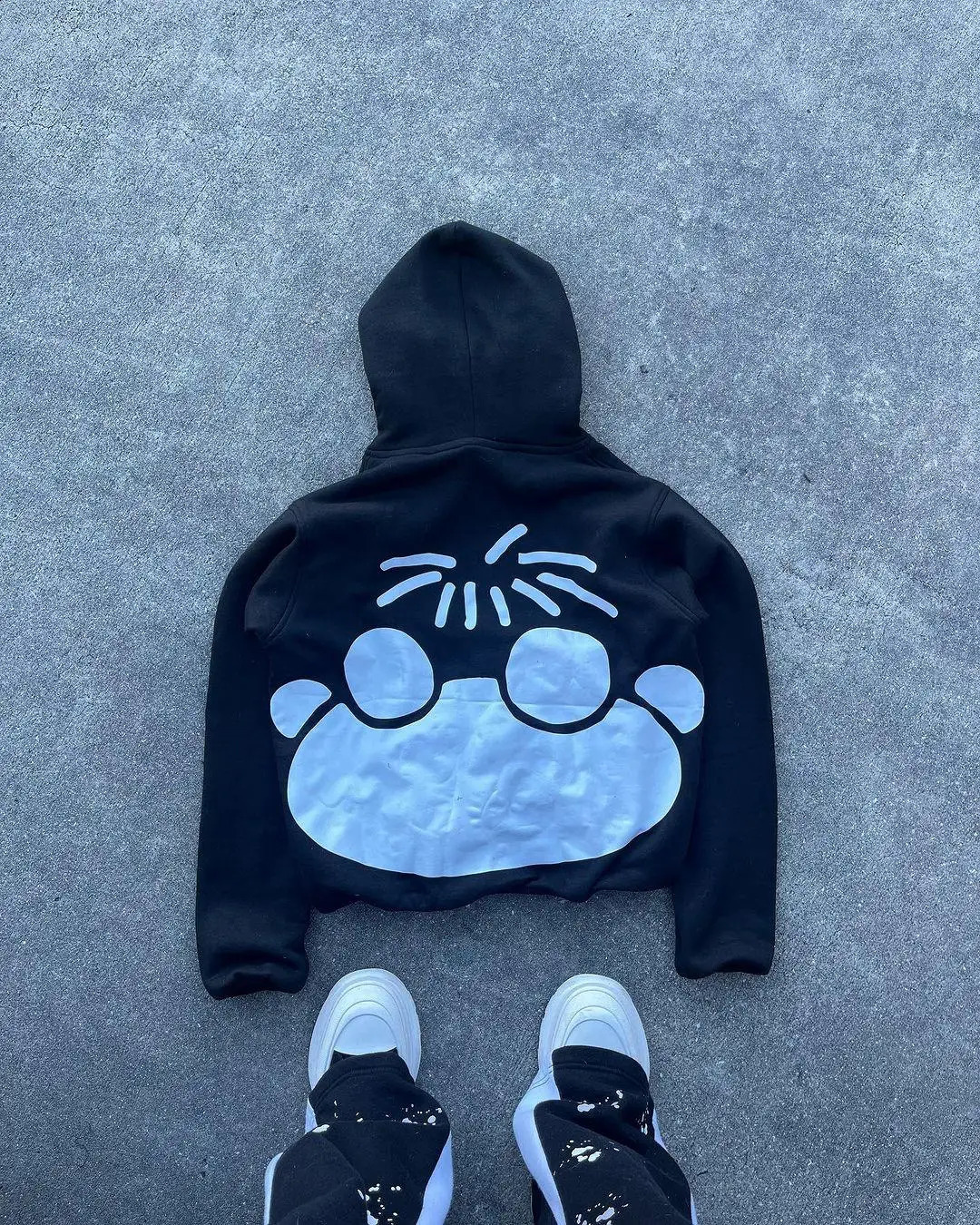 Grunge street cartoon print short waist-baring hooded pullover womens Harajuku hip-hop punk sweatshirt casual loose sweatshirt 240813
