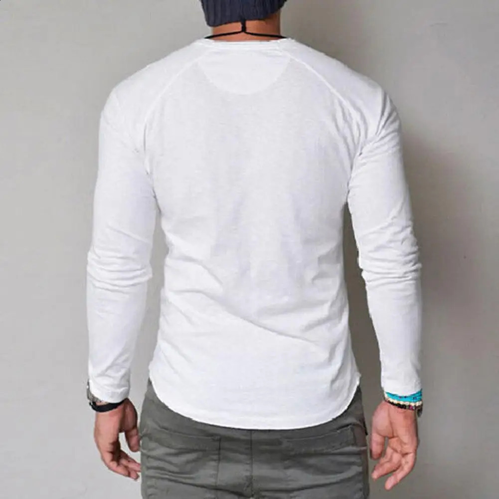 Long Sleeve Cotton Men T-shirt Round Neck Blouse Button Up Long Sleeved T-shirt Fashio Street Basic Casual Slim Fit T-shirt 240812