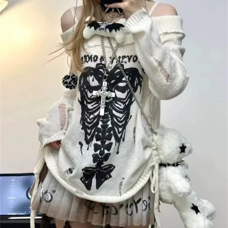 HOUZHOU Y2k Harajuku Gothic Knitted Pullovers Women Japanese Fashion Sexy Skull Off The Shoulder Punk Girls Hole Loose Sweater 240812