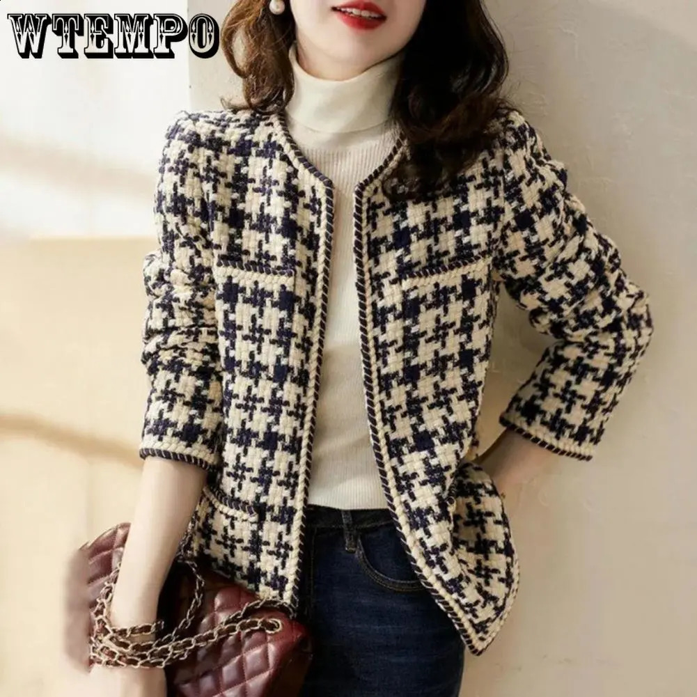 WTEMPO Vintage Early Autumn Tweed Women Jacket Elegant Grid Lady Winter Cardigan Open Front Plaid Outwear 240812