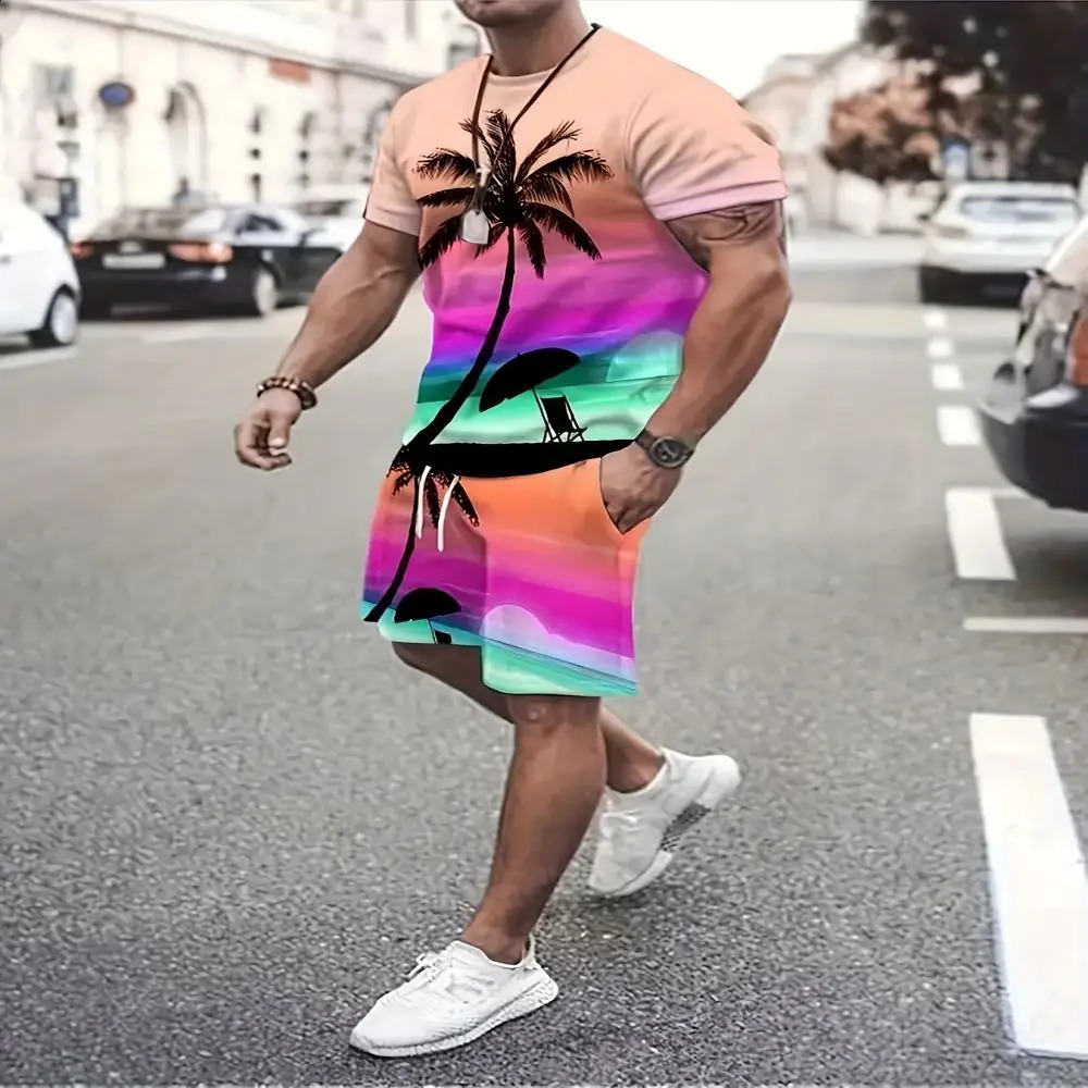 Hawaii Mens Street Oversized Summer Mens Clothing 3D Printed Maple Leaf Mens T-Shirt Shorts Two Piece Mens Sportswear Set 240813