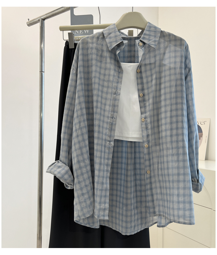 Fat girl plus size slightly chubby thi long sleeved blue checkered women s summer loose sun protection shirt cover up shirt
