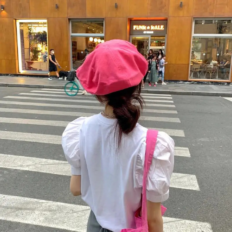 Big Solid Color Beret Octagonal Caps For Women Men French Lazy Street Artist Painter Hats Cotton Short Eaves Pleats Baseball Cap 240805