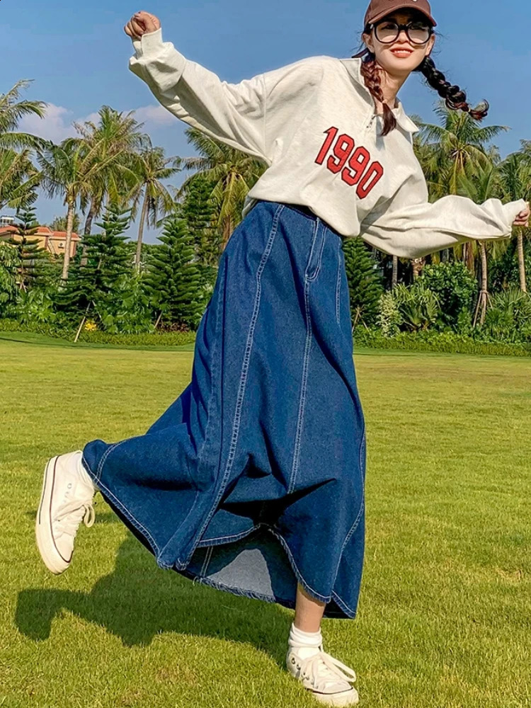 Maxi Long Skirts Women Spring Summer Casual High Waisted Jean Skirt Ladies Splicing A-Line Ruffle Denim Skirt Plus Size 5XL 6XL 240812