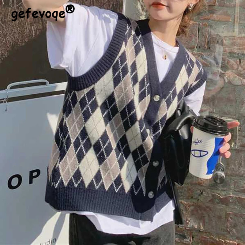 Womens Vintage Classic Argyle Harajuku Y2K Sleeveless Outewear Knitted Sweater Vest Casual Preppy Style V Neck Loose Waistcoat 240812