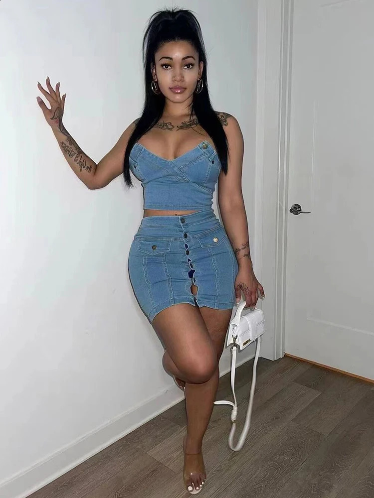 Summer Women 2 Piece Set Denim Fashion Female Cover Up Vest and Mini Skirt Sets Sexy Suit Wholesale Drop 240812
