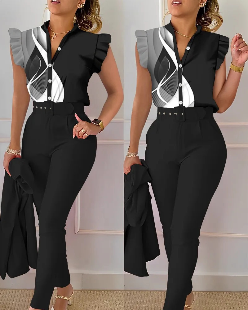Elegant Print Shirt And Pants Two Piece Sets Women Pants Spring Autumn Fashion Long Sleeve Shirts High Waist Pant Casual Suits 240813