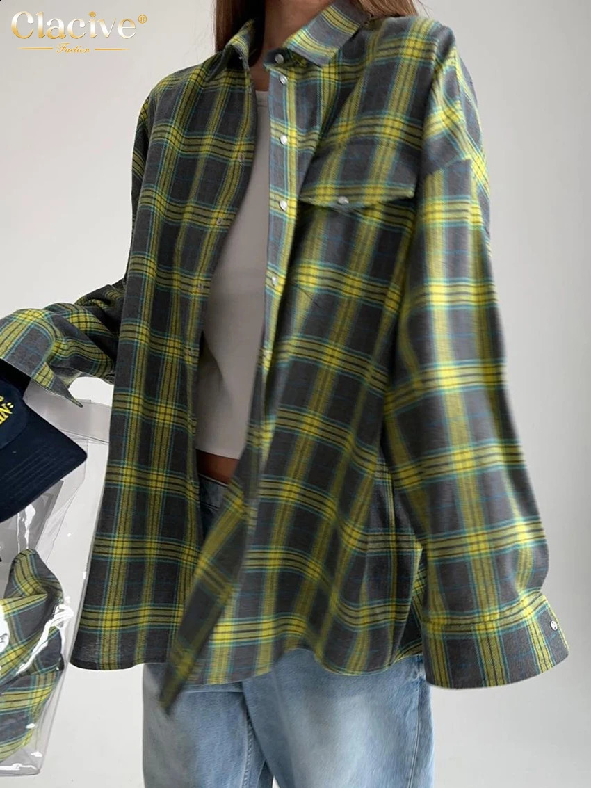 Clacive Vintage Loose Plaid WomenS Shirt Fashion Lapel Long Sleeve Office Lady Shirts And Blouses Tops Female Clothing 240812