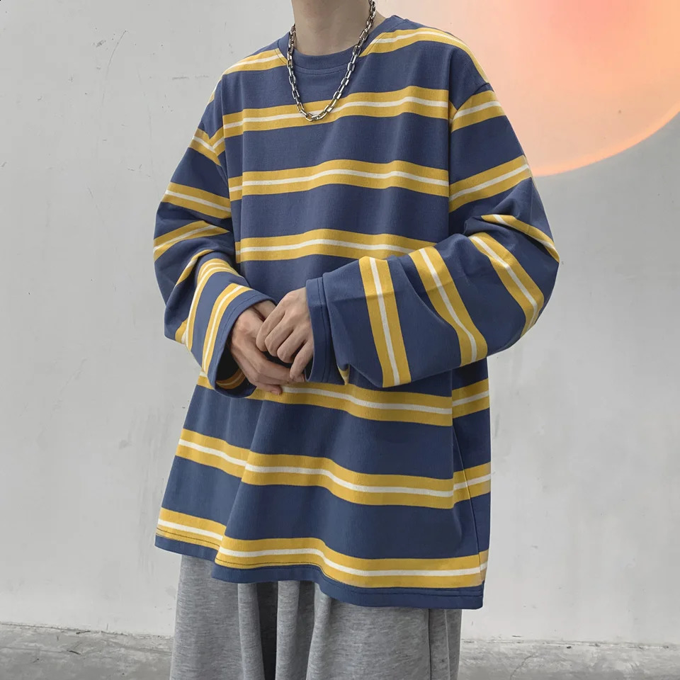 100% Cotton Loose Long Sleeve T-shirt Boys High School Students Hong Kong Style Striped Oversize Shirt 240812