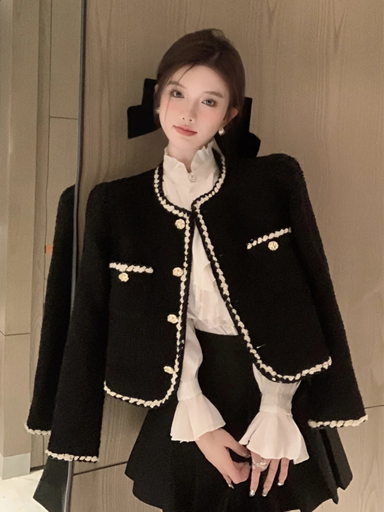 Zoki Japan Sweet Women Tweed Jacket Elegant Buttons Cropped Coat Casual O Neck All Match Female Long Sleeve Vintage Outwear 240812