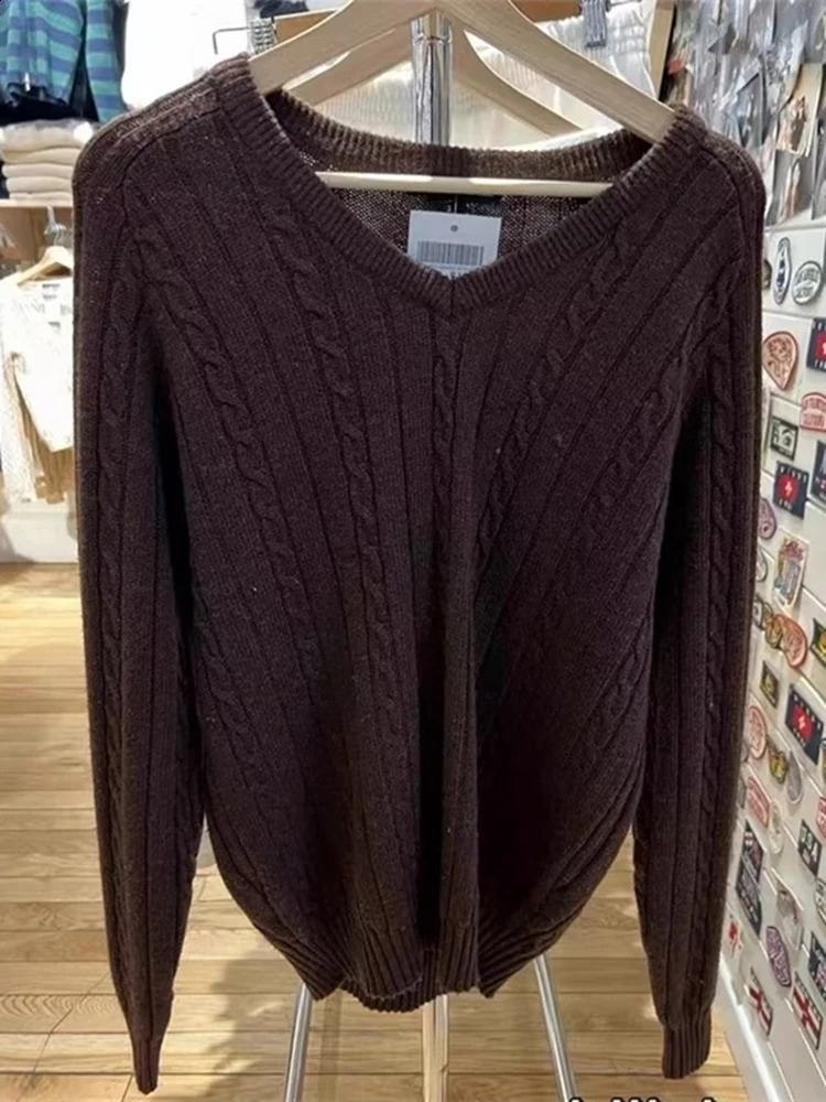 Causal Women Solid Color V-Neck Knit Sweaters Autumn Chic Elegant Long Sleeves Sweaters Vintage Female Loose Knitwear 240813