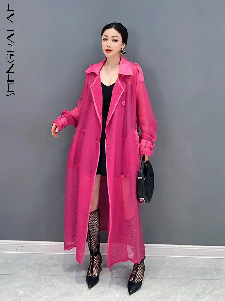 SHENGPALAE Fashion Womens Windbreaker Notched Collar Long Sleeve Button Solid Color Translucency Trench Summer 2024 5R4385 240813