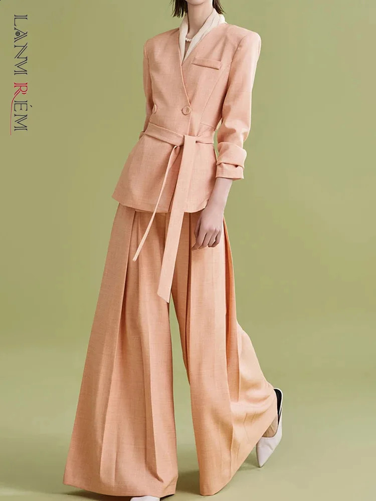 Elegant womens Vneck lace suit gathered waist pioneers high loose pants autumn item 26D9378 240812