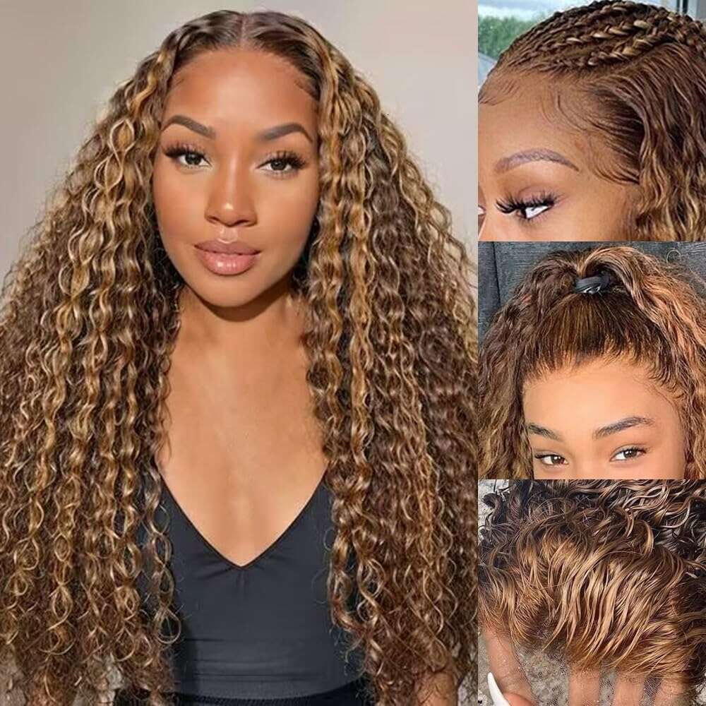 Highlight Water Wave Human Hair Highlighted Curly Front Wigs For Women Brazilian HD Lace Closure Wig Preplucked On Sale