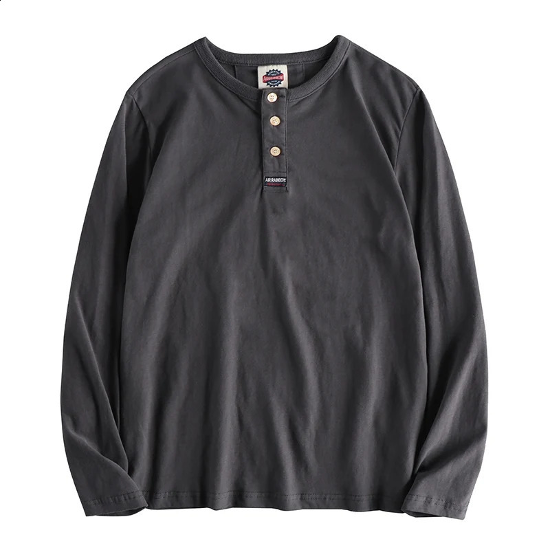 Autumn Japanese Retro Long Sleeve Henry Collar Solid Color T-shirt Mens Fashion Pure Cotton Washed Casual Tops 240812