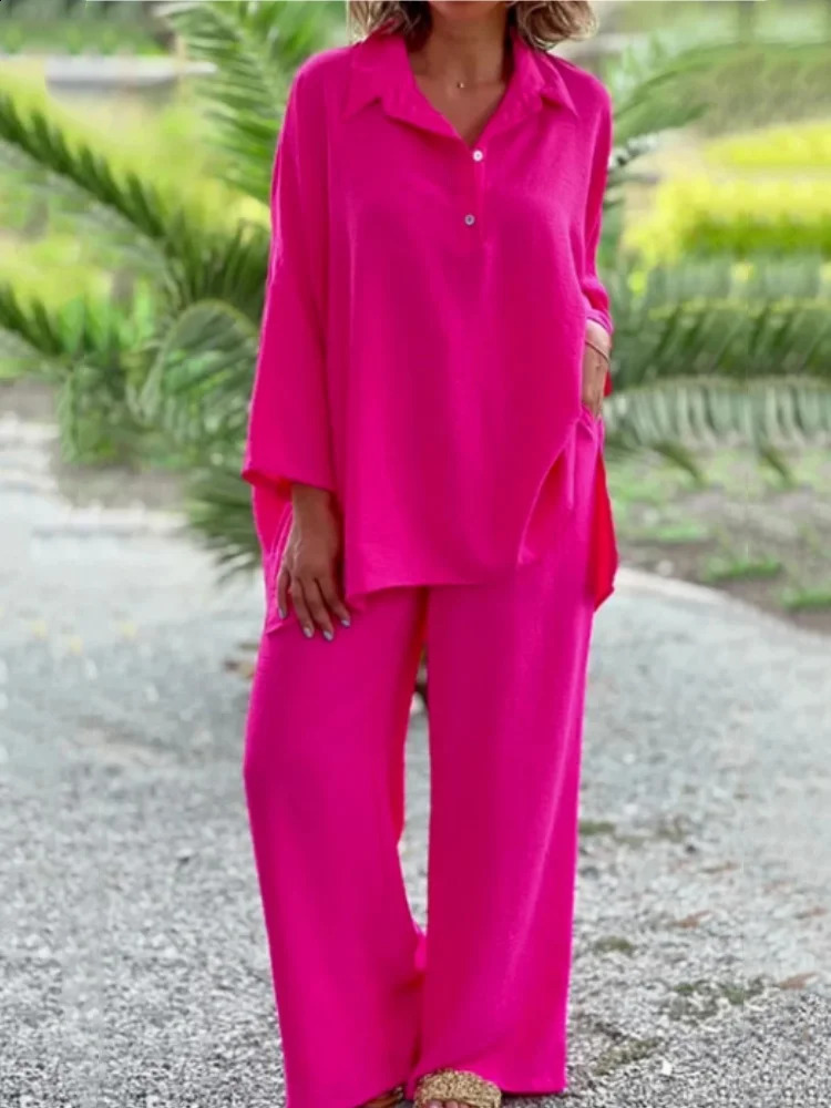Lapel Two Pieces Set Spring Summer Vintage Solid Color Long Sleeve Button Shirt Blouse Women Casual Loose Straight Pants Suits 240813
