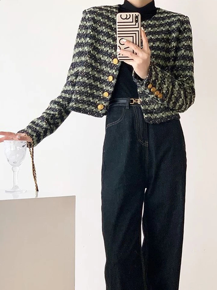 Zoki Retro Green Striped Tweed Jackets Women Elegant Slim Long Sleeve Short Coats High Quality Casual Korean Vintage O Neck Tops 240812