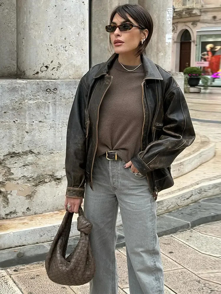 Fashion Vintage Zipper Short Bomber Jacket Women Leather Chic Lapel Long Sleeves Cropped Outwear Female Party Fashion Streetwaer 240813