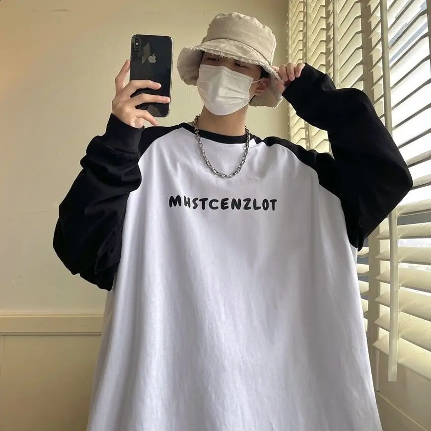 High Street Fashion Color Block Letter T-shirt Women Classic Long Sleeve O-collar Loose Handsome All-match Male Casual Top 240812
