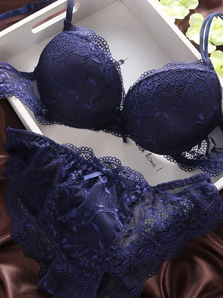 Push Up Bra Lace Bra And Panty Set Womens Embroidery Deep V Lingerie Knickers 240812