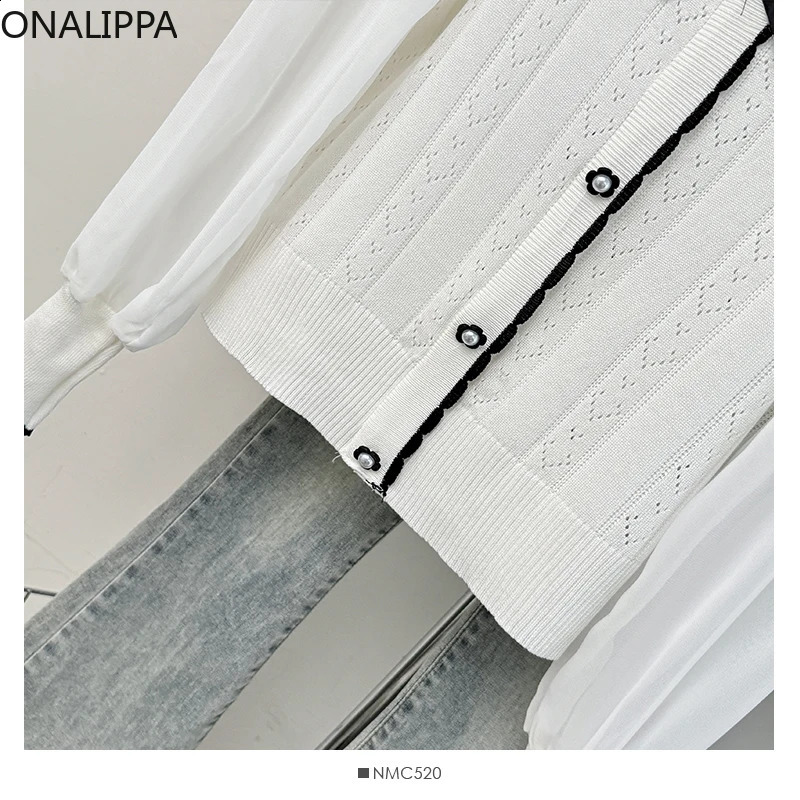 Onalippa Sweet Bow Hollow Out Knitted Cardigan Single Breasted Solid Long Sleeves Cardigans Preppy Style Loose Sweater Women 240812
