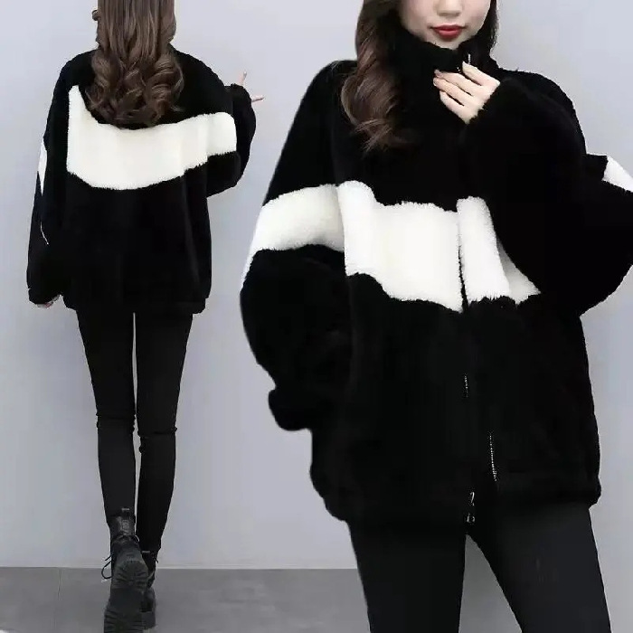 Short Imitation Lamb Wool New Winter Season With Plush Thick Oversized Loose Color Blocked Coat For Women Trend 04913