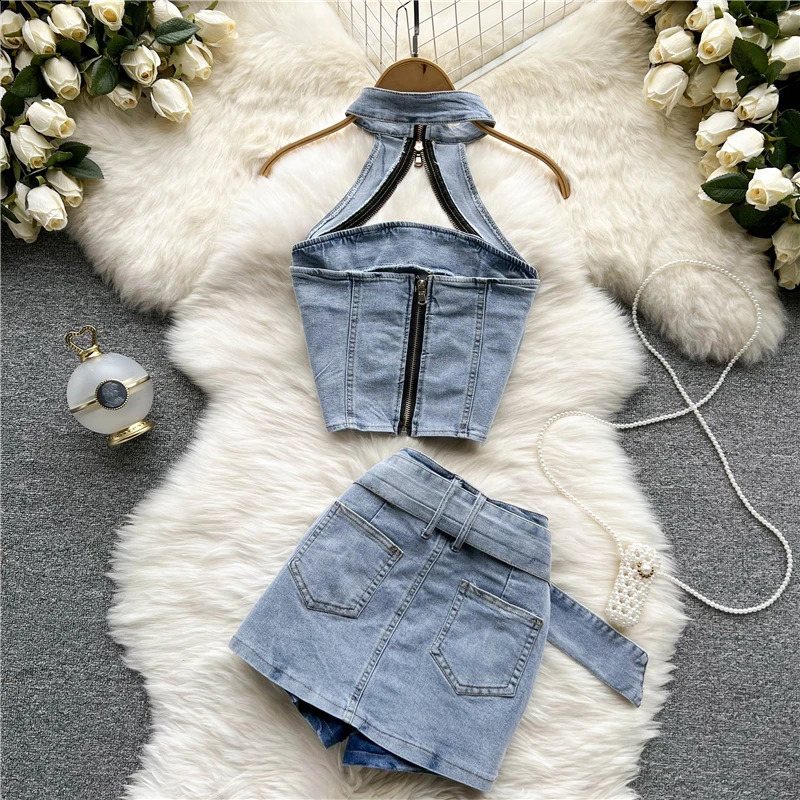 Sexy Women Summer Denim Jeans Halter Tops Mini Skirt Outfits Suits Backless Sashes Chic Style Bodycon High Waist Vestidos 240812