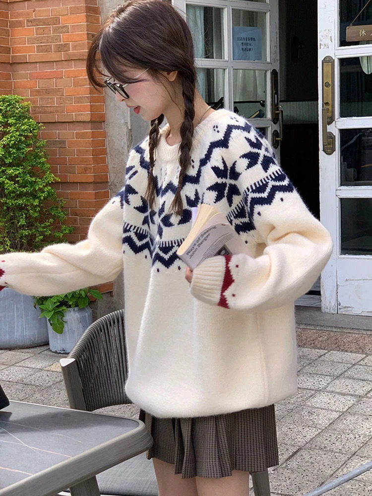 Jmprs Vintage Harajuku Print Sweater Women Japan Preppy Style Knitted Jumper Lazy Wind Loose Long Sleeve Retro O Neck Tops 240812